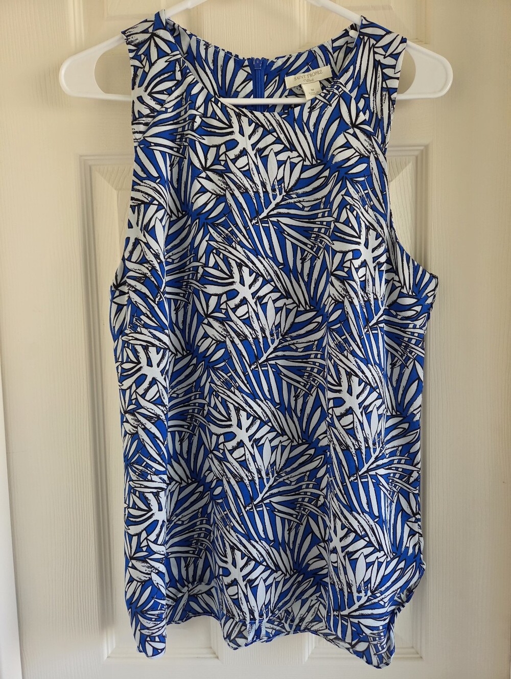 Saint Tropez West Royal Blue White Tropical Leaf Palm Print Tank Top Blouse M